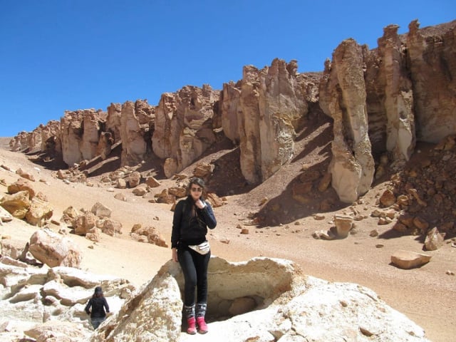 Visitor among the rock towers of the Catedrales de Tara