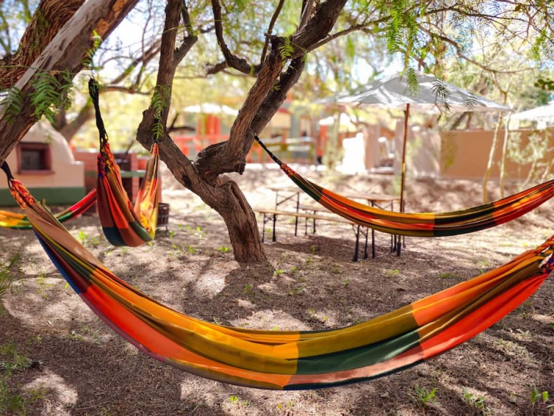 Colorful hammocks with parasol