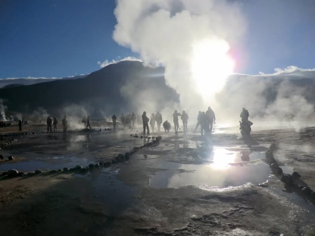 Steam columns at El Tatio Geysers at sunrise