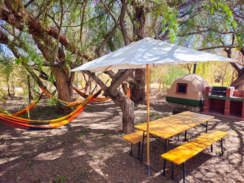 Garden with hammock, table and grill under the trees